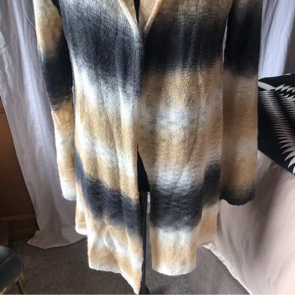 Elan Ombré open front cardigan with hoodie tan and charcoal stripe size L - Picture 2 of 8